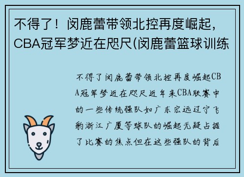 不得了！闵鹿蕾带领北控再度崛起，CBA冠军梦近在咫尺(闵鹿蕾篮球训练营精英队)